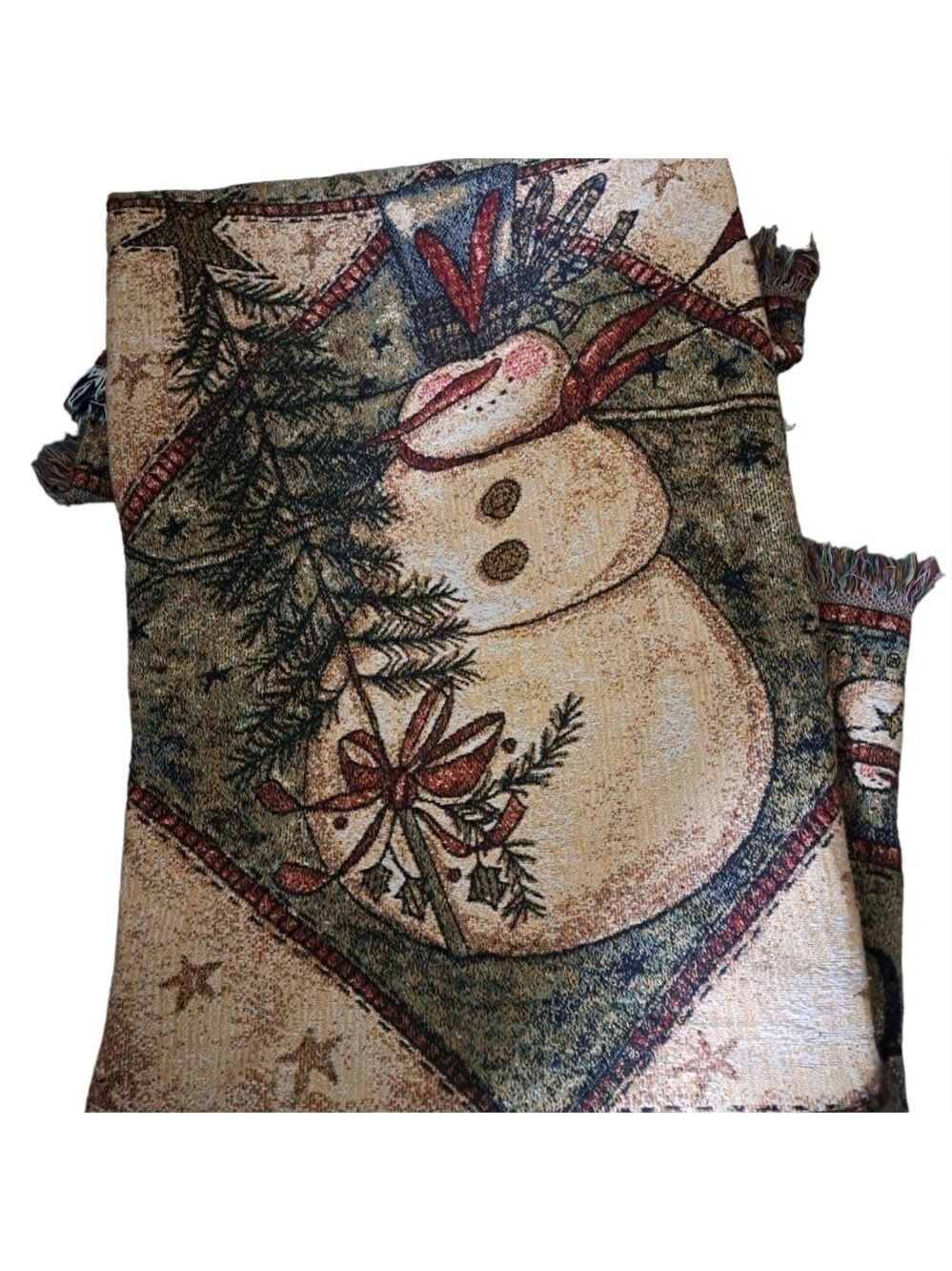 VTG tapestry throw SNOWMAN HAT CELEBRATE holiday made in USA 100% COTTON 62X40"